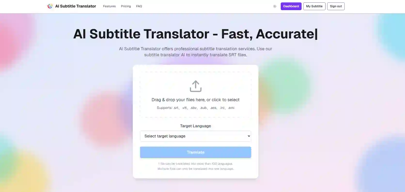 Upload interface of the ai subtitle translator free displaying file selection and progress indicators, designed for simplicity and speed when starting automated subtitle translation for multilingual projects.